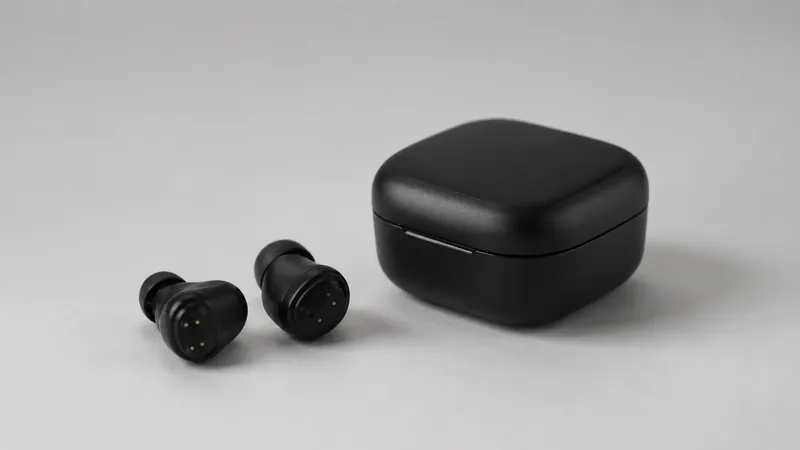 Compact black in-ear hearing aids with charging case