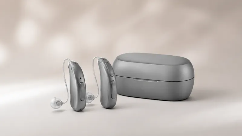 Slim behind-the-ear hearing aids with charging case